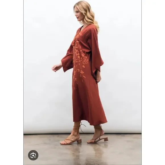 Mi Golondrina Ximena Maxi Kaftan Dress Medium Burnt Orange Embroidered Resort - Picture 12 of 13